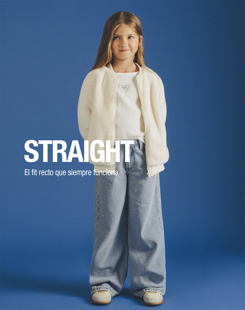 Jean wide leg tiro medio brillos índigo claro niña