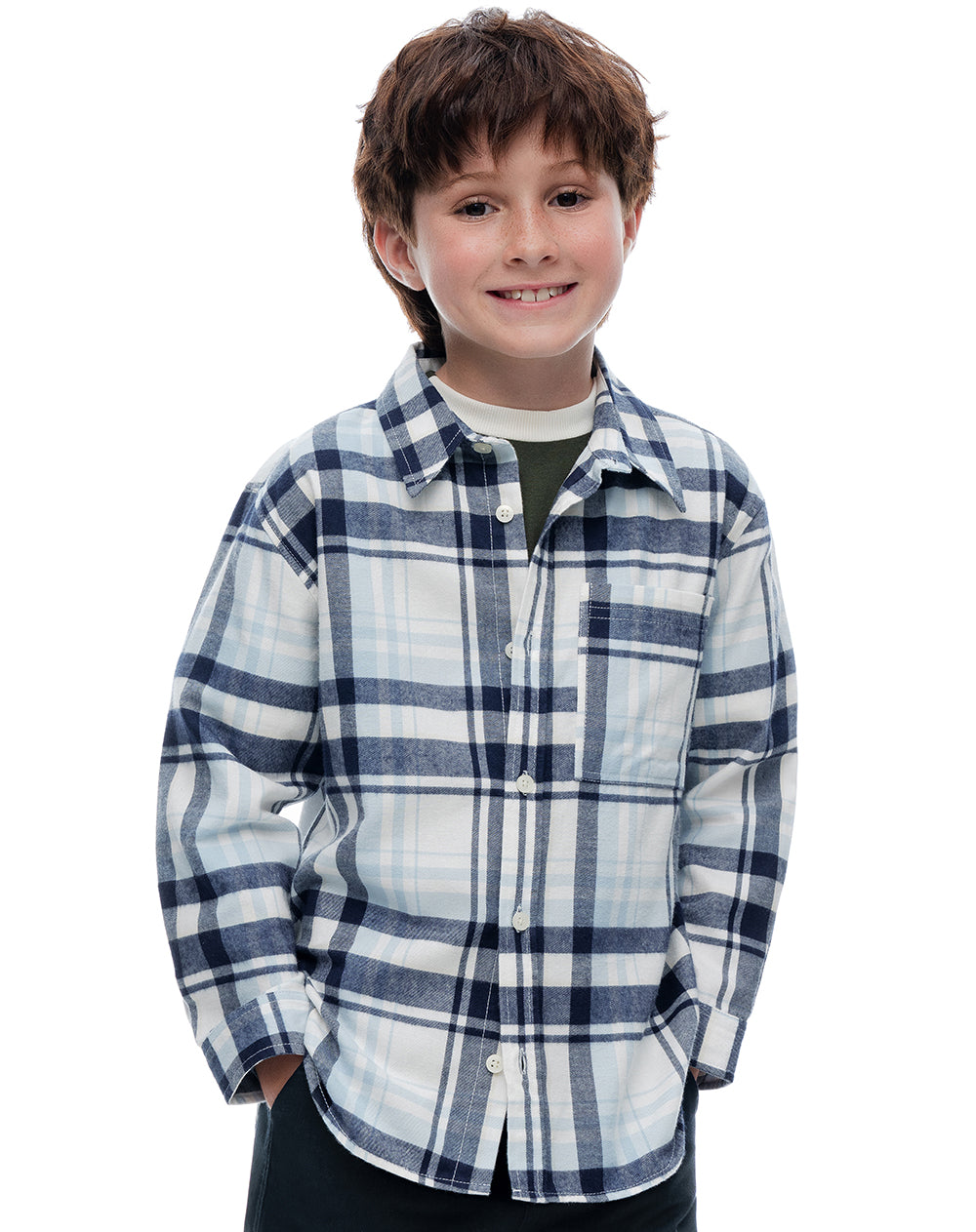 Camisa relaxed manga larga azul con cuadros niño