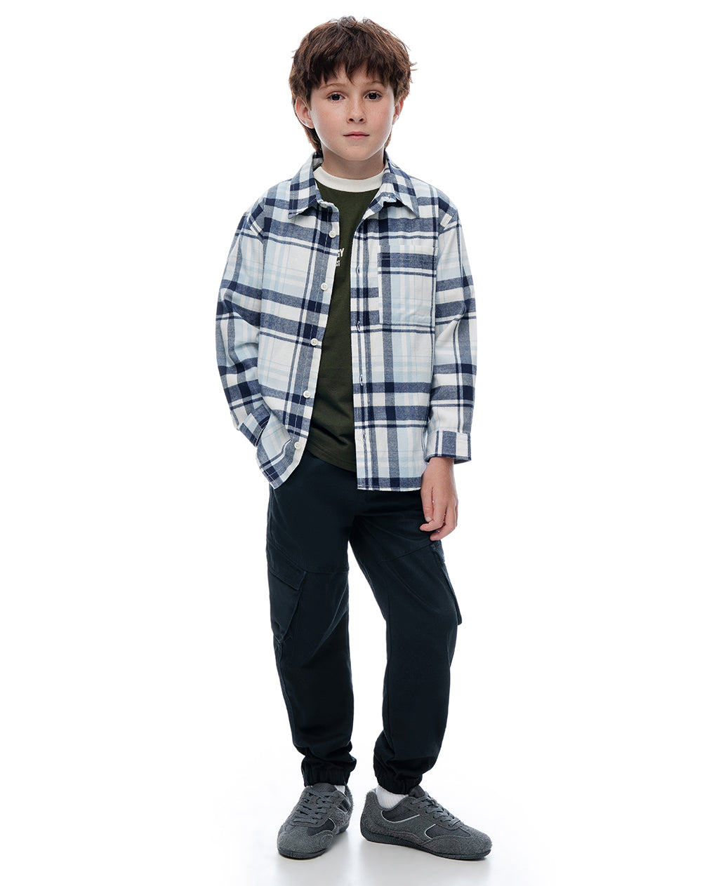 Camisa relaxed manga larga azul con cuadros niño