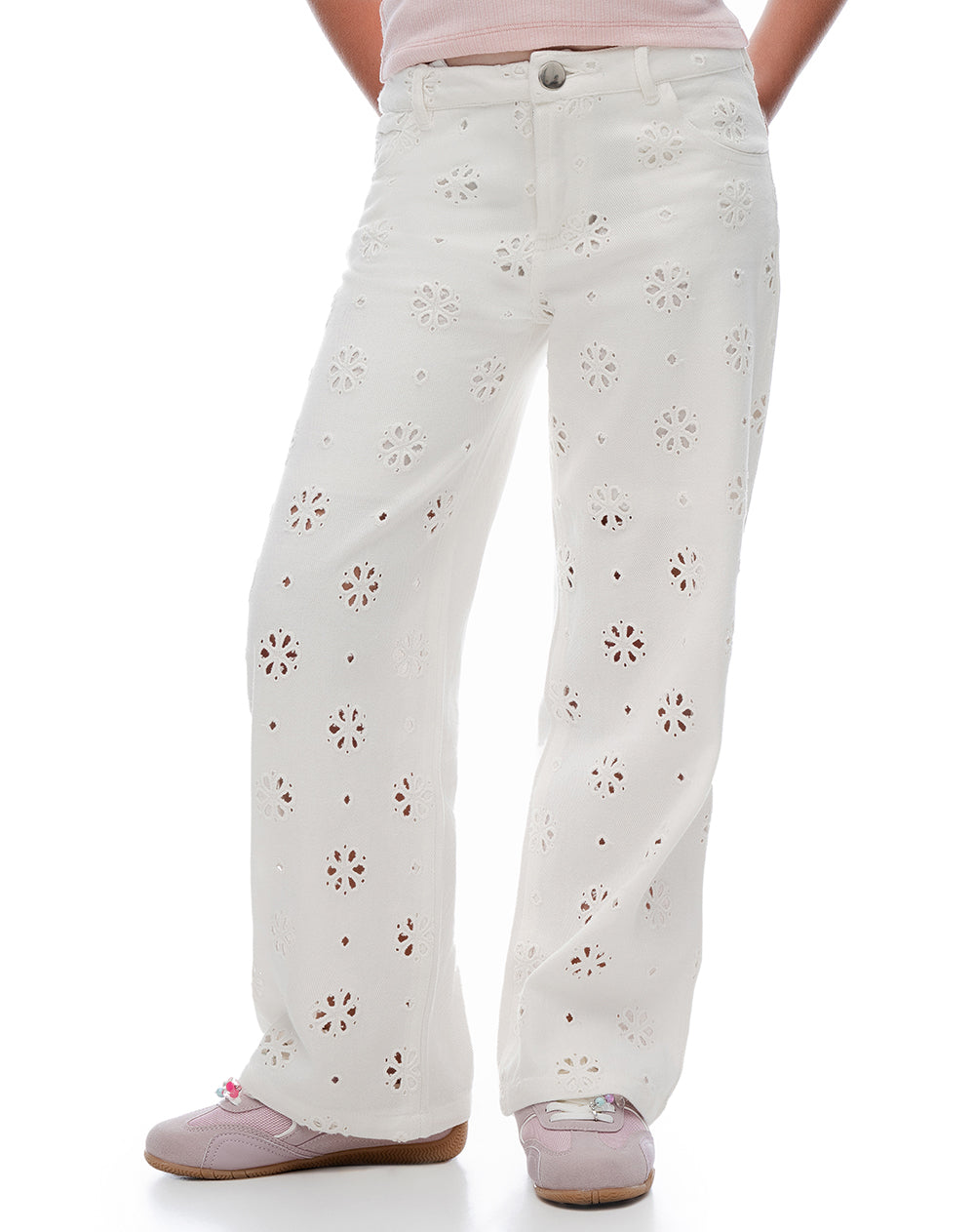 Pantalón wide leg tiro medio drill blanco niña