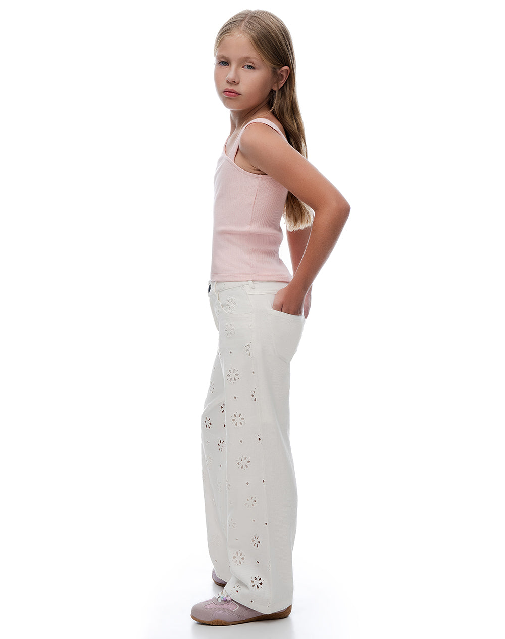 Pantalón wide leg tiro medio drill blanco niña