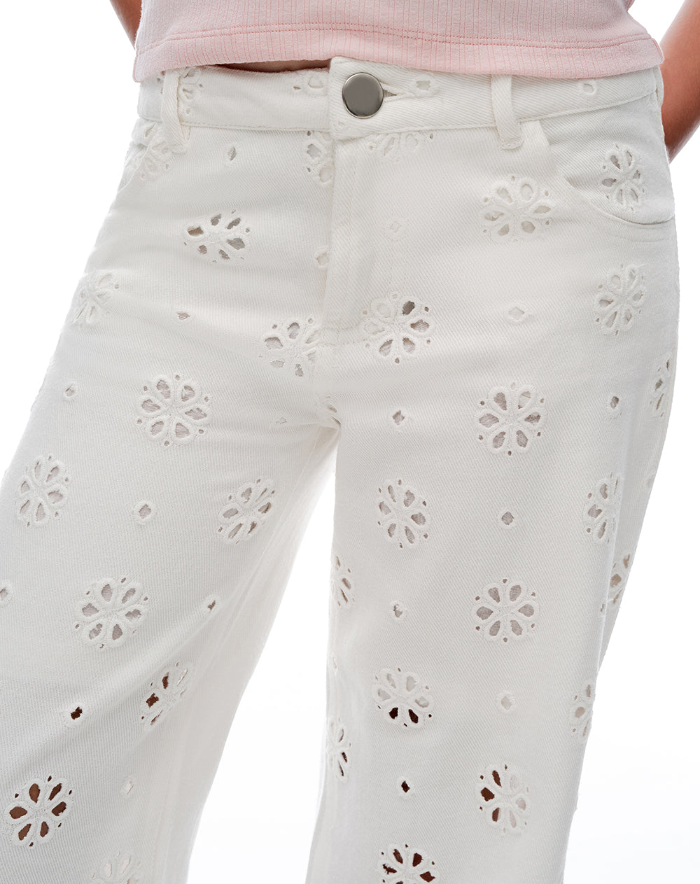 Pantalón wide leg tiro medio drill blanco niña