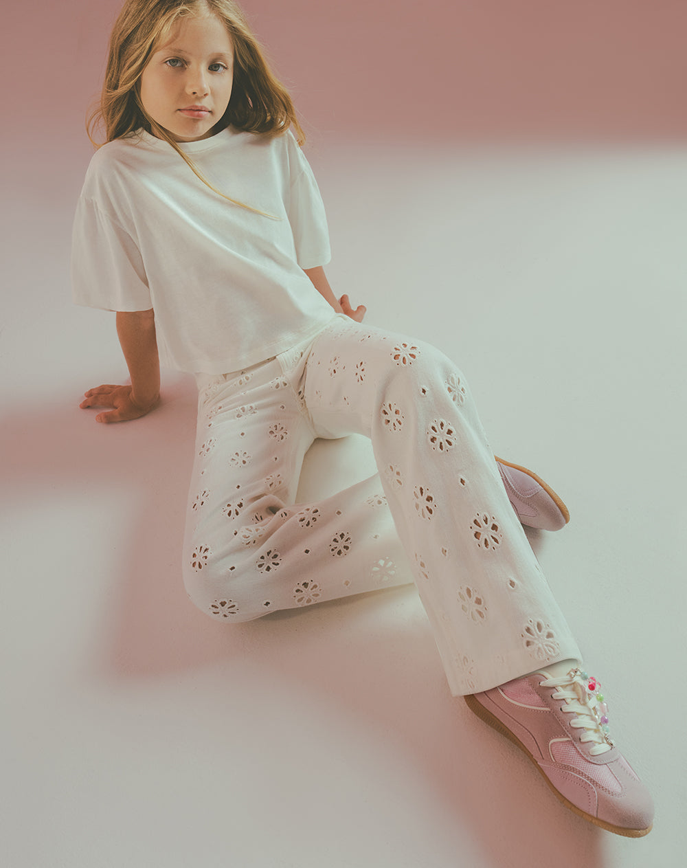 Pantalón wide leg tiro medio drill blanco niña