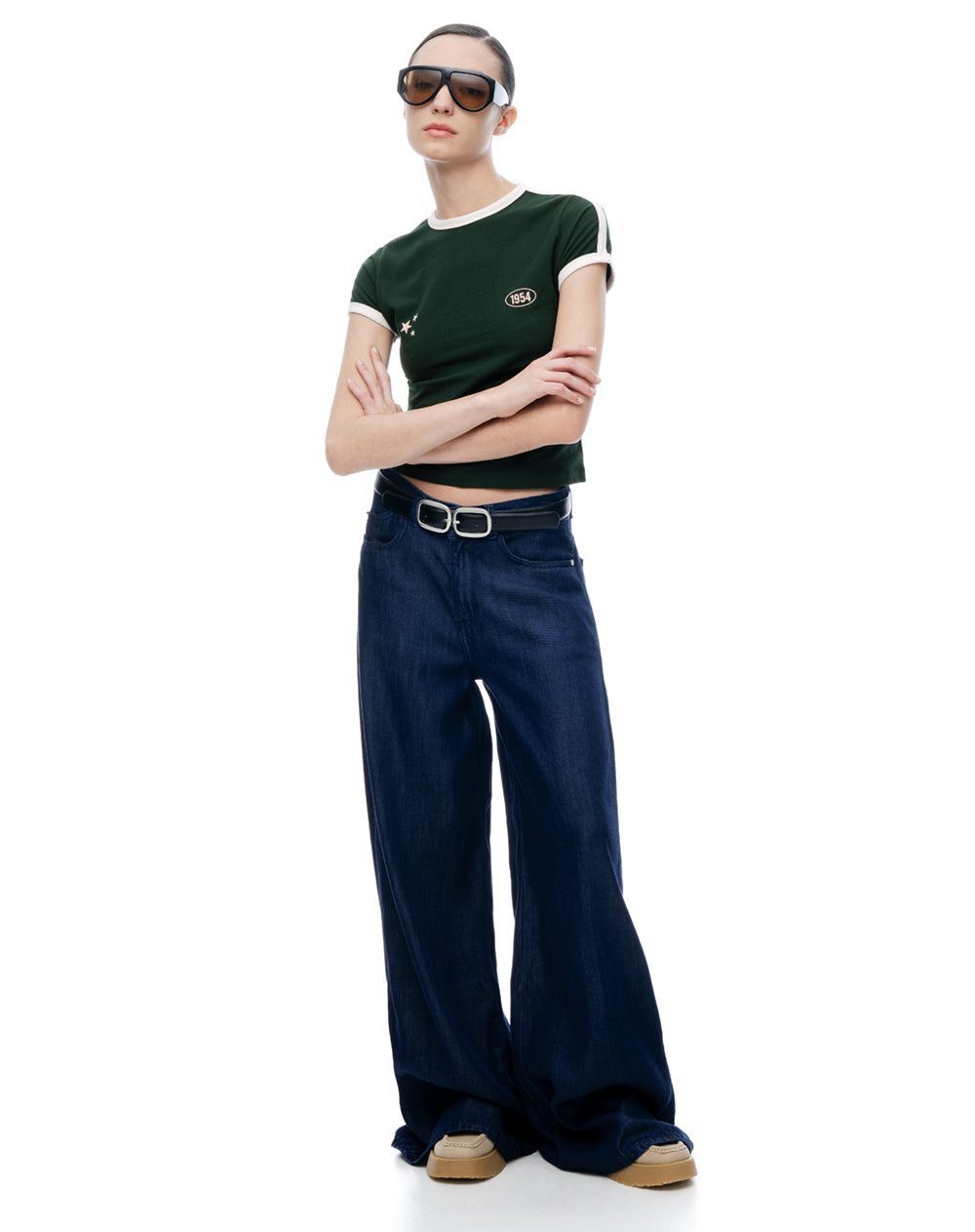 Camiseta slim manga corta verde mujer