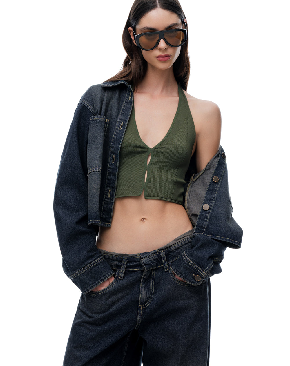 Crop top halter slim seamless verde mujer