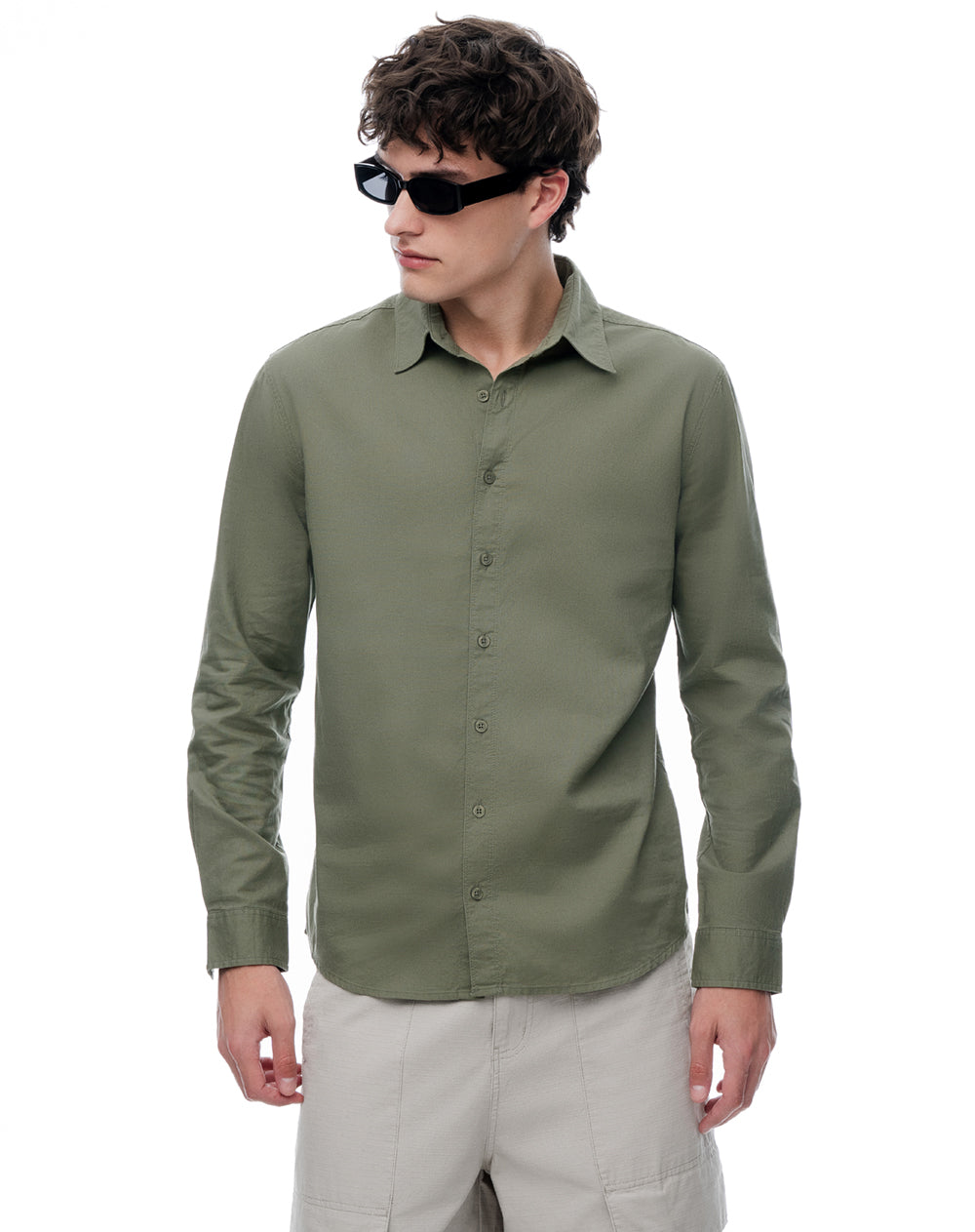 Camisa regular manga larga verde oliva hombre