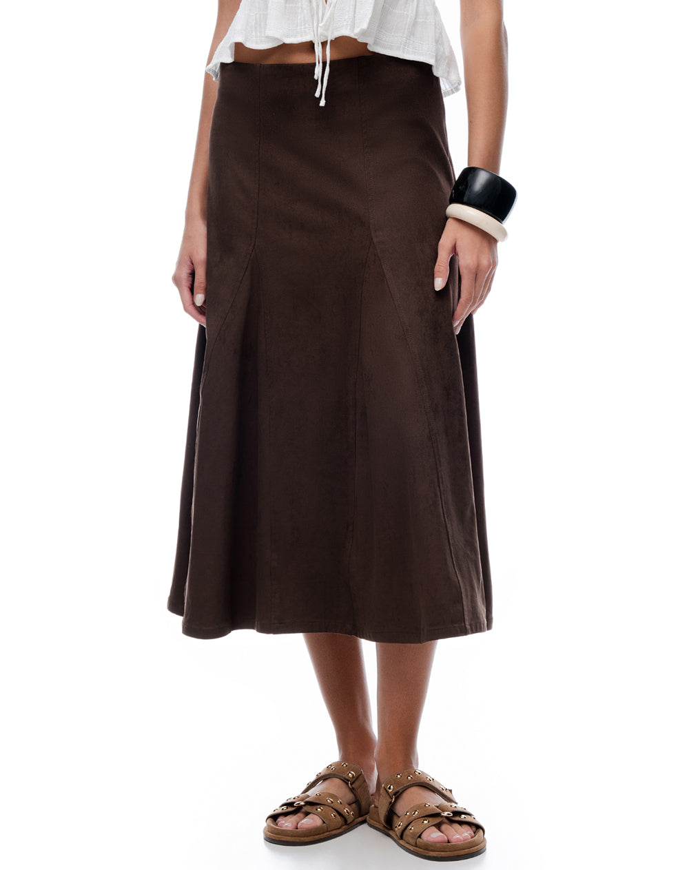 Falda midi tiro medio gamuza chocolate mujer