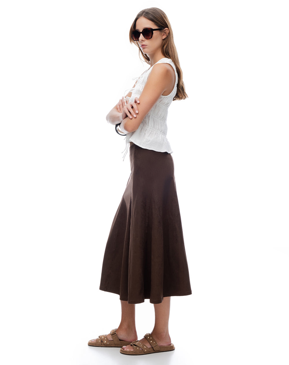 Falda midi tiro medio gamuza chocolate mujer