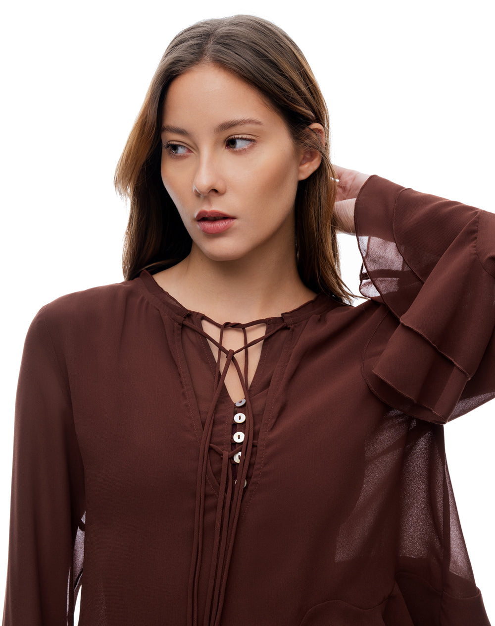 Camisa regular manga larga terracota mujer