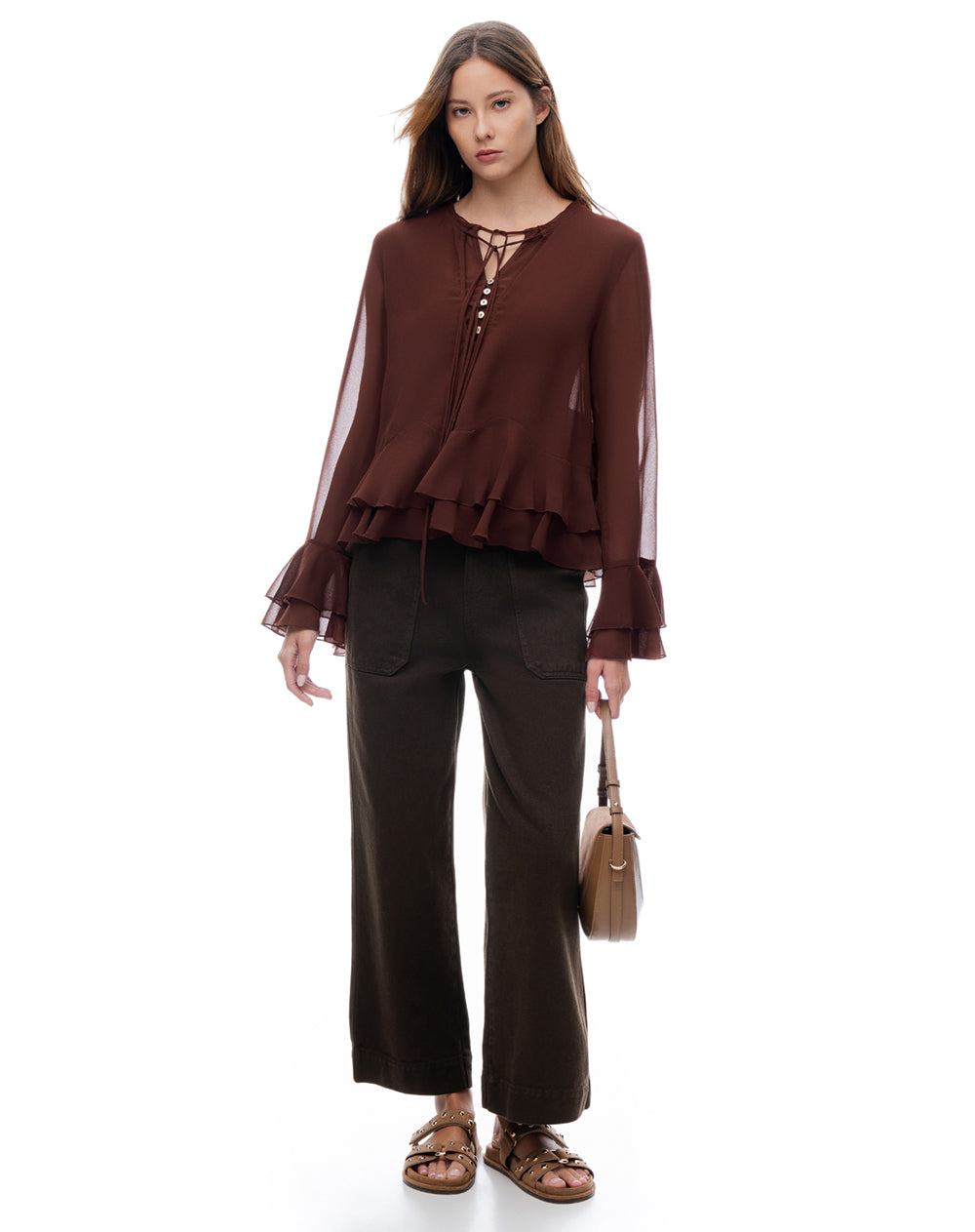 Camisa regular manga larga terracota mujer