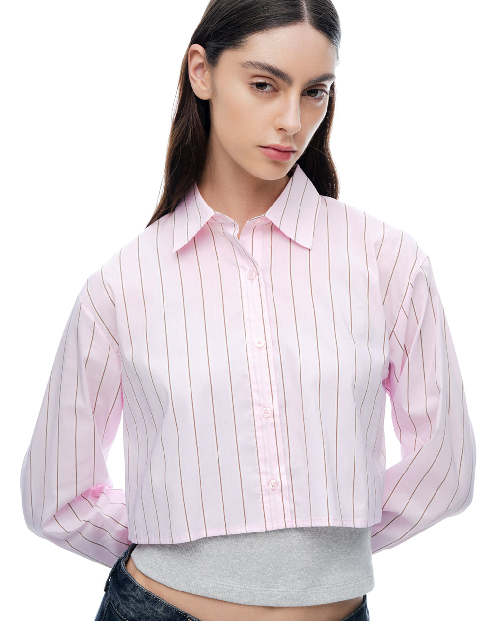 Camisa cropped manga larga rosada estampada mujer