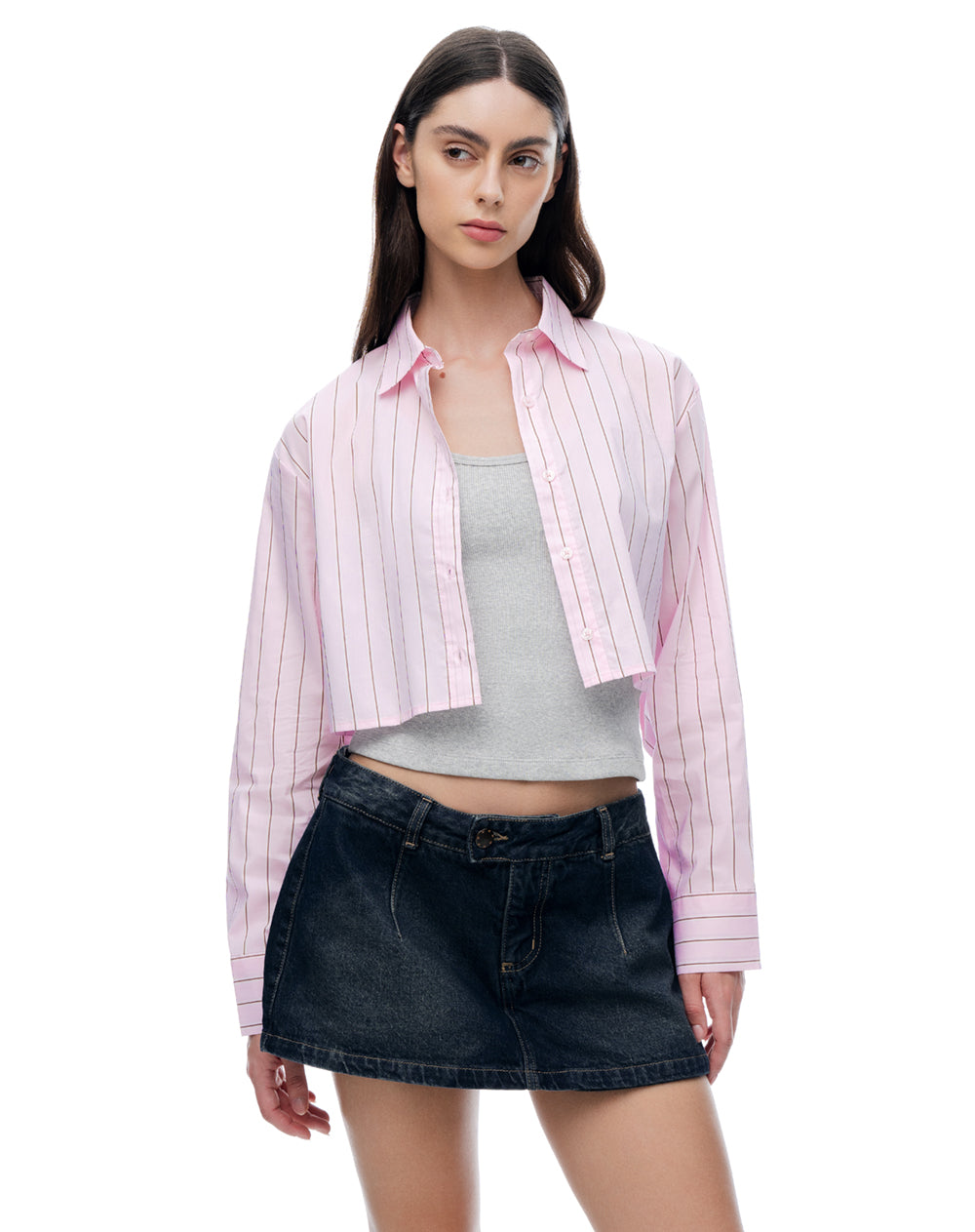 Camisa cropped manga larga rosada estampada mujer