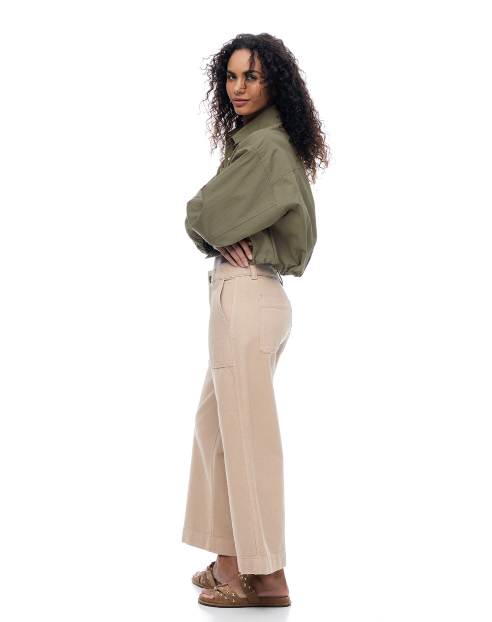 Jean culotte tiro medio caqui mujer