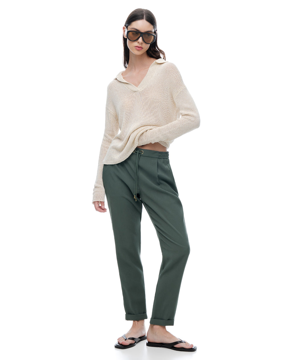 Pantalón recto tiro alto verde mujer