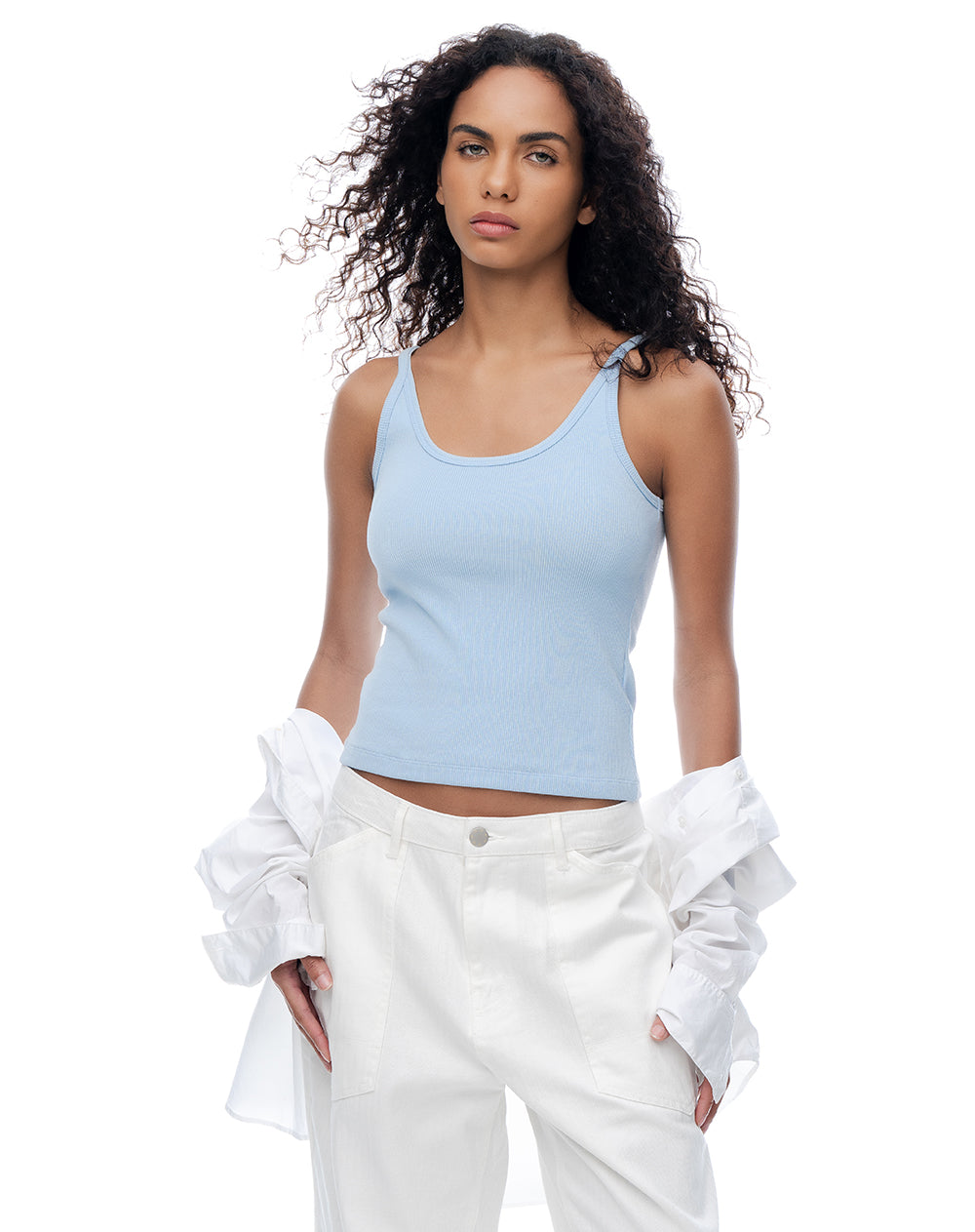 Camiseta manga sisa slim rib algodón azul mujer