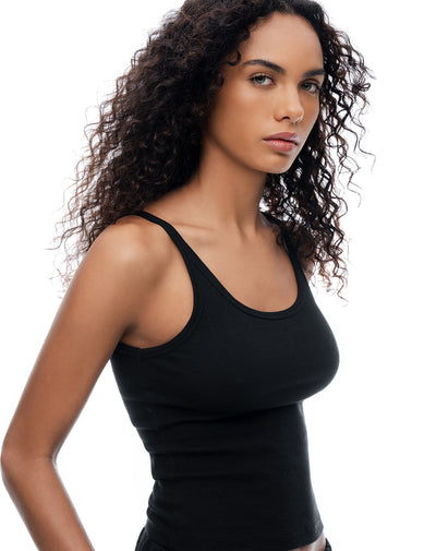Camiseta manga sisa slim rib algodón negra mujer