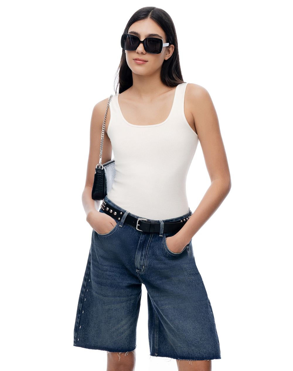 Camiseta manga sisa slim rib algodón blanca mujer