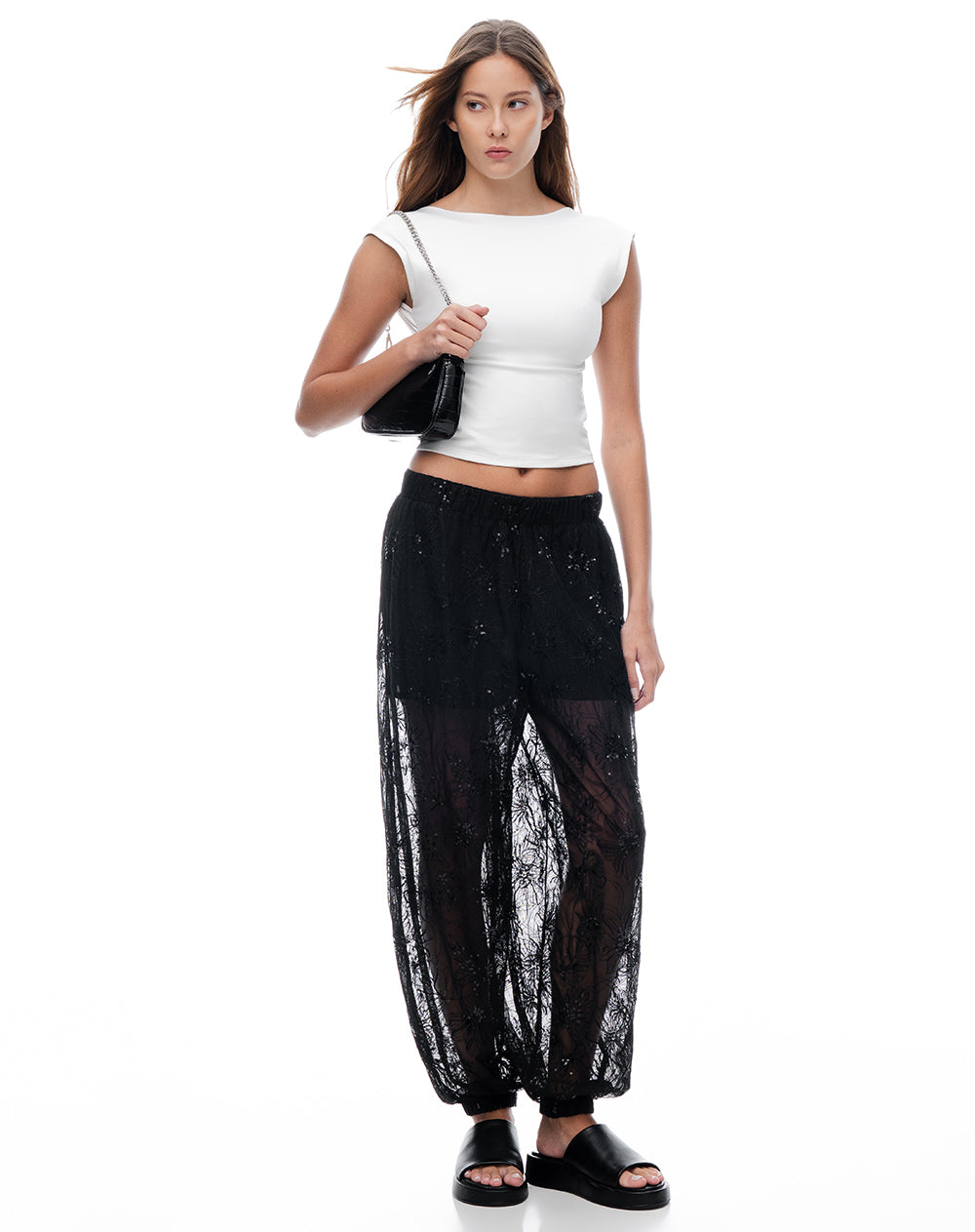 Pantalón loose tiro medio negro mujer