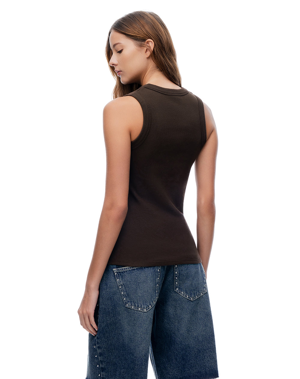 Camiseta esqueleto slim rib algodón café mujer
