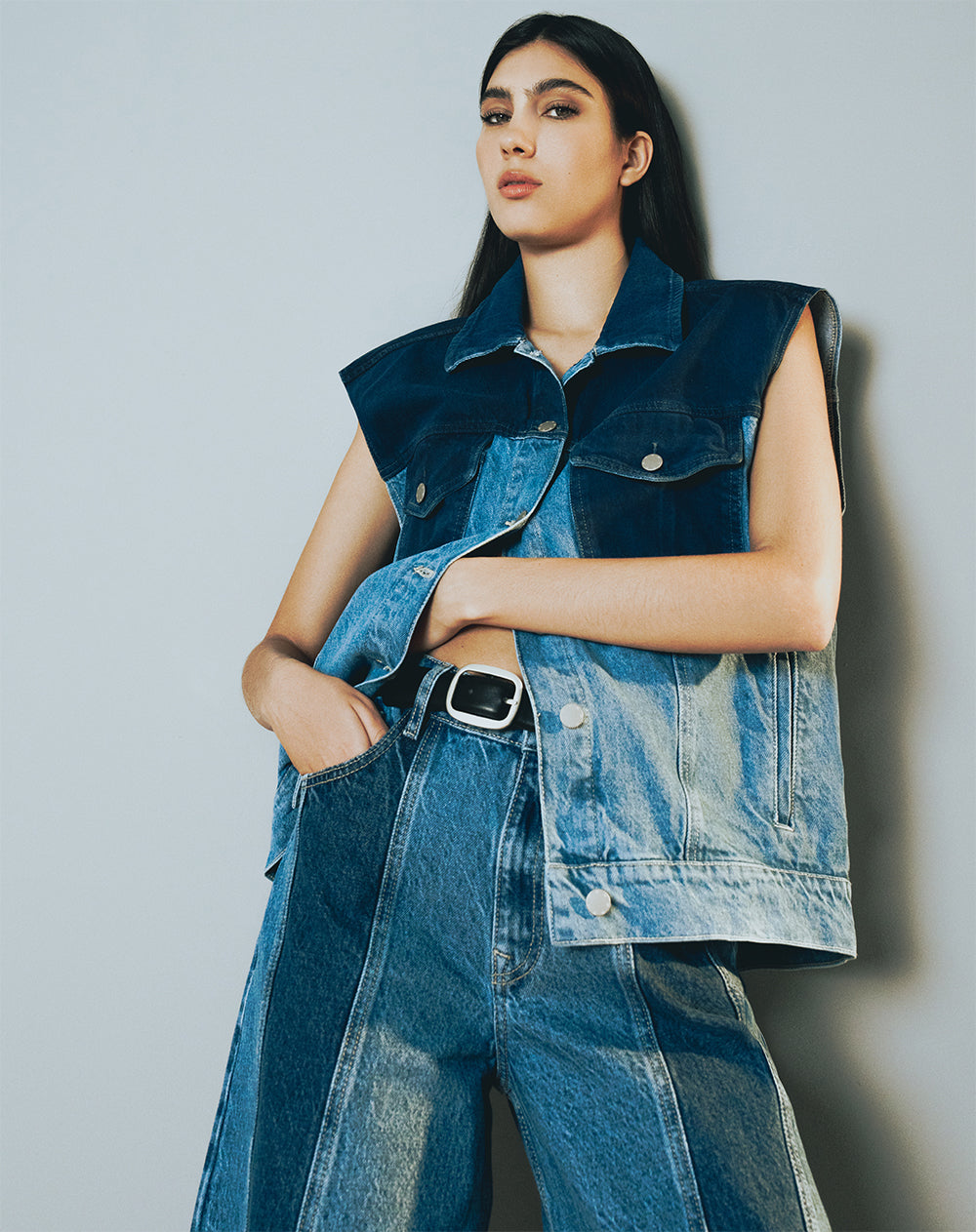 Chaleco oversized denim contraste índigo medio mujer