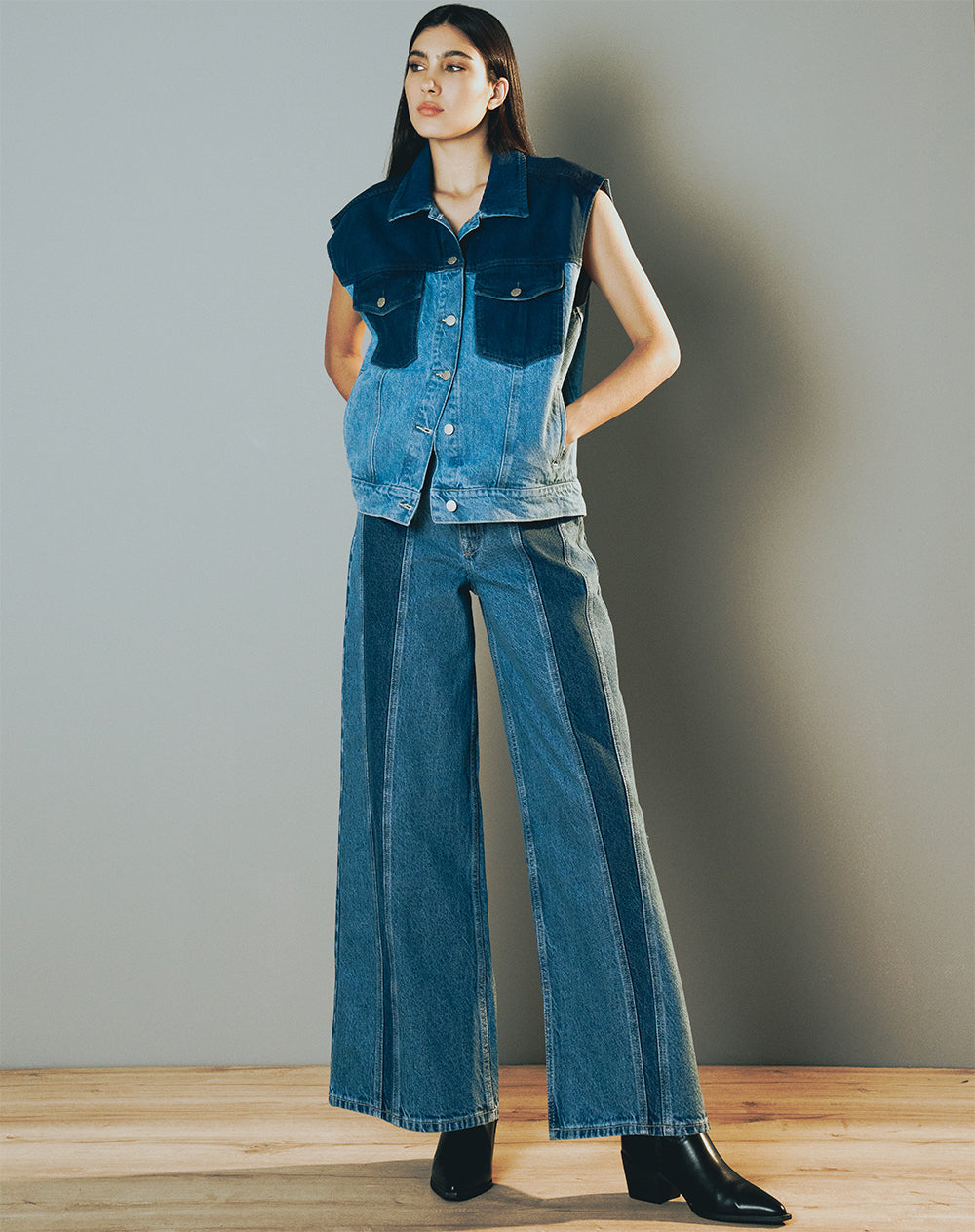 Jean wide leg tiro medio denim índigo mujer