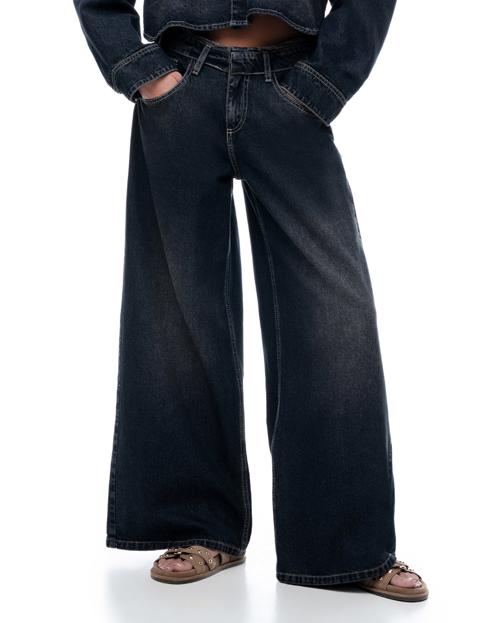 Jean wide leg tiro medio índigo oscuro mujer