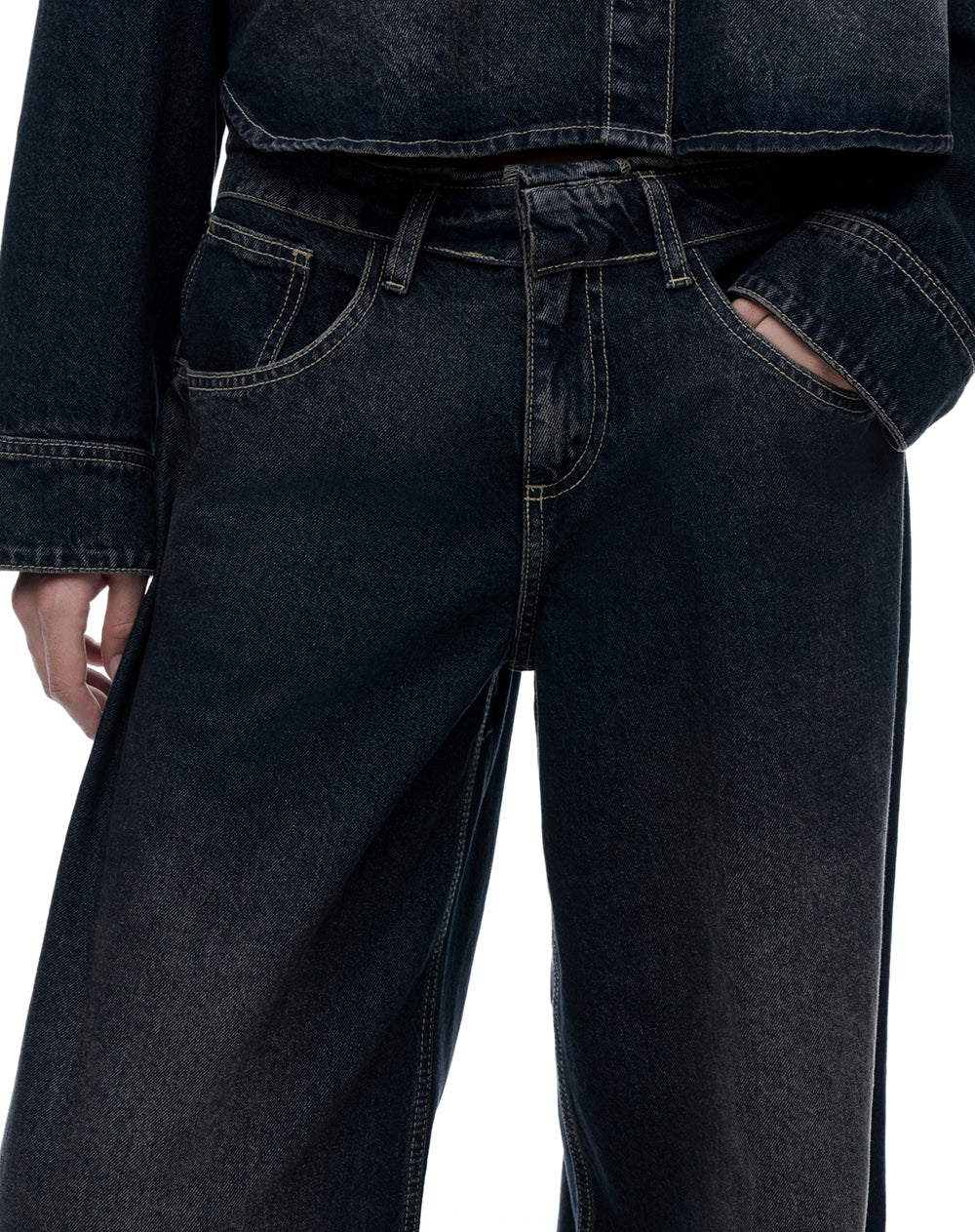 Jean wide leg tiro medio índigo oscuro mujer