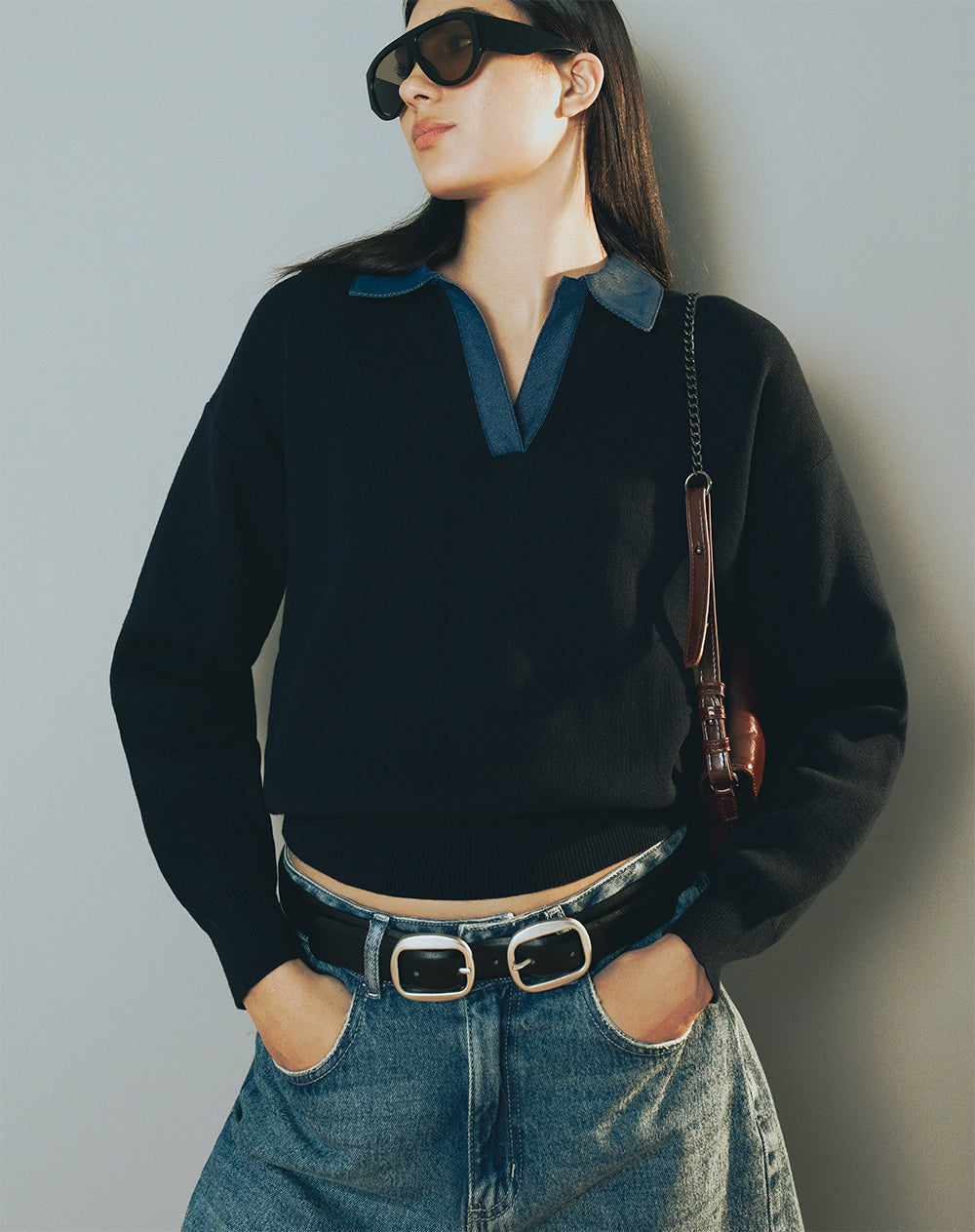 Buzo regular tipo polo azul mujer