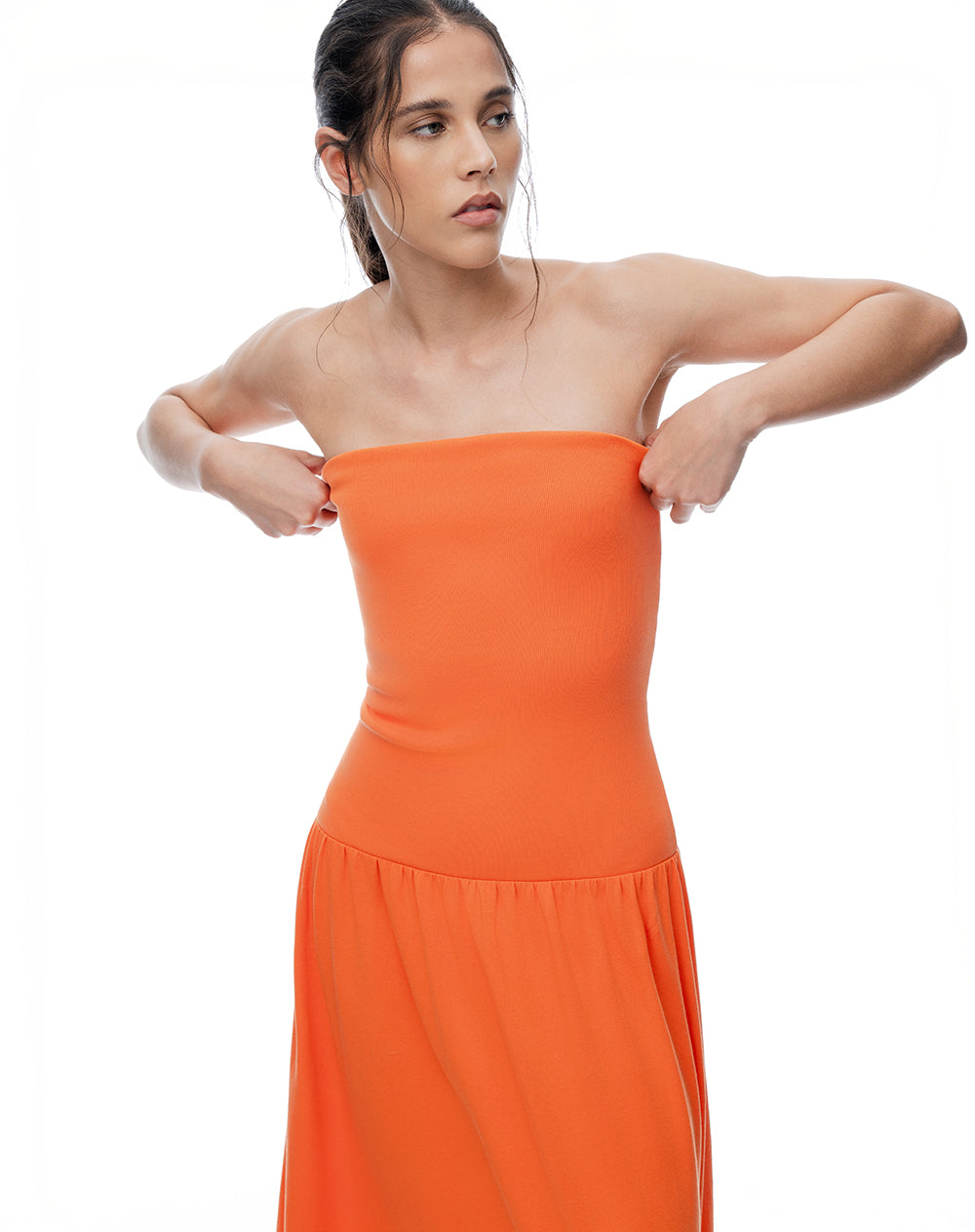 Vestido largo strapless silueta A naranja mujer