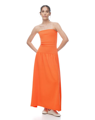 Vestido largo strapless silueta A naranja mujer