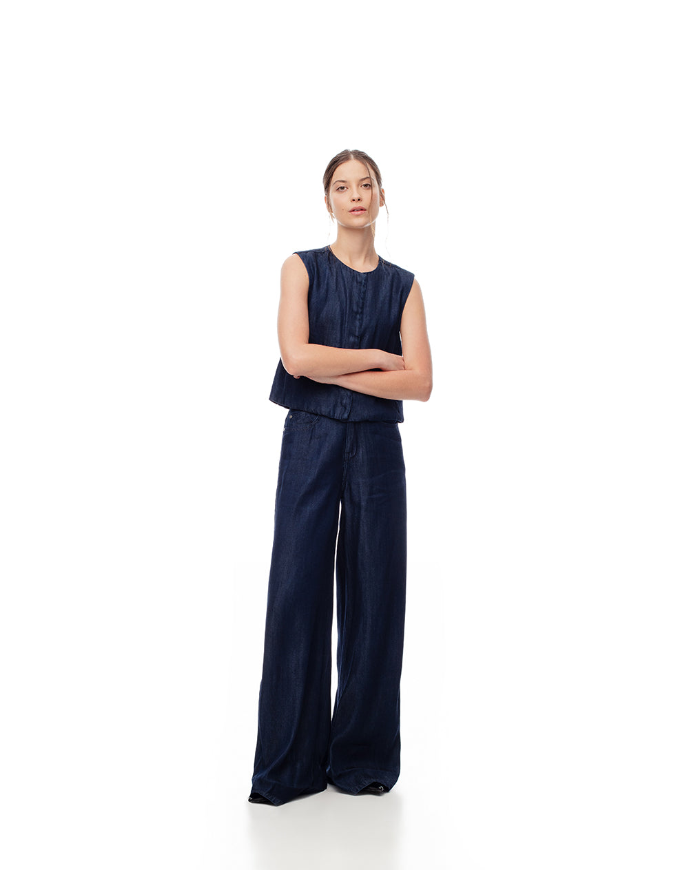 Jean palazzo tiro alto 5 bolsillos indigo oscuro para mujer