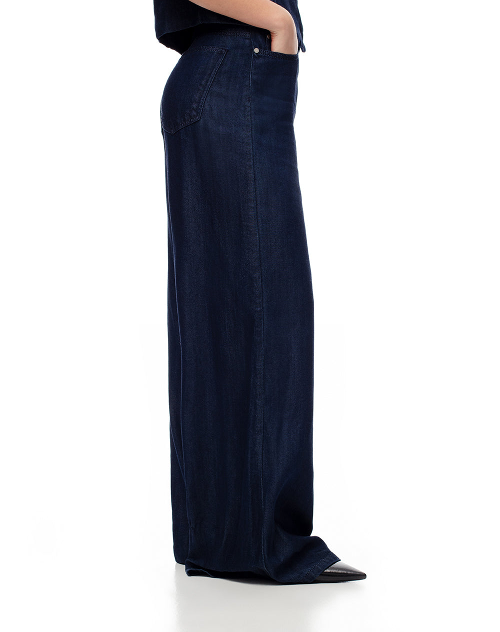 Jean palazzo tiro alto 5 bolsillos indigo oscuro para mujer