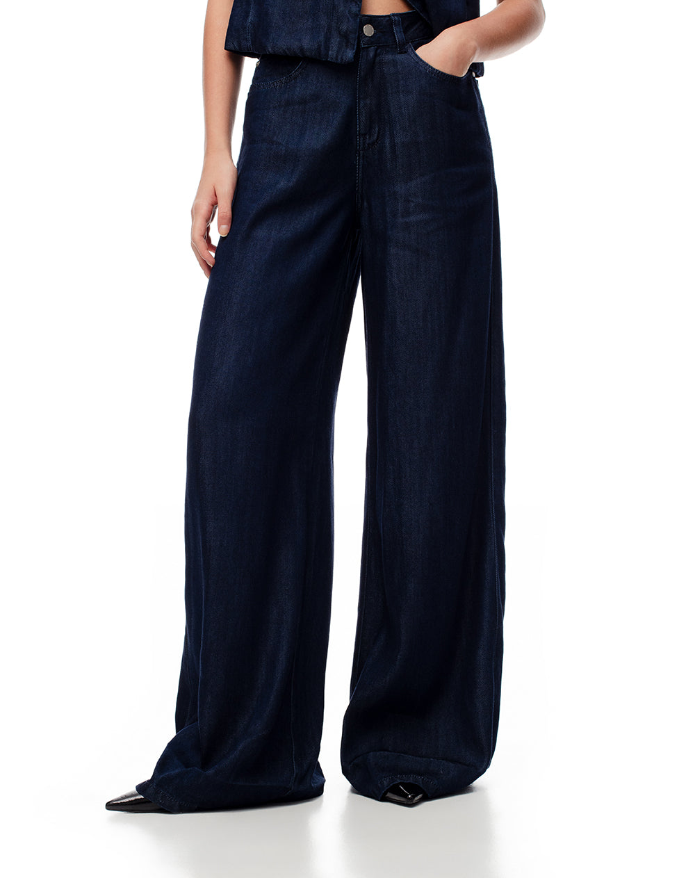 Jean palazzo tiro alto 5 bolsillos indigo oscuro para mujer