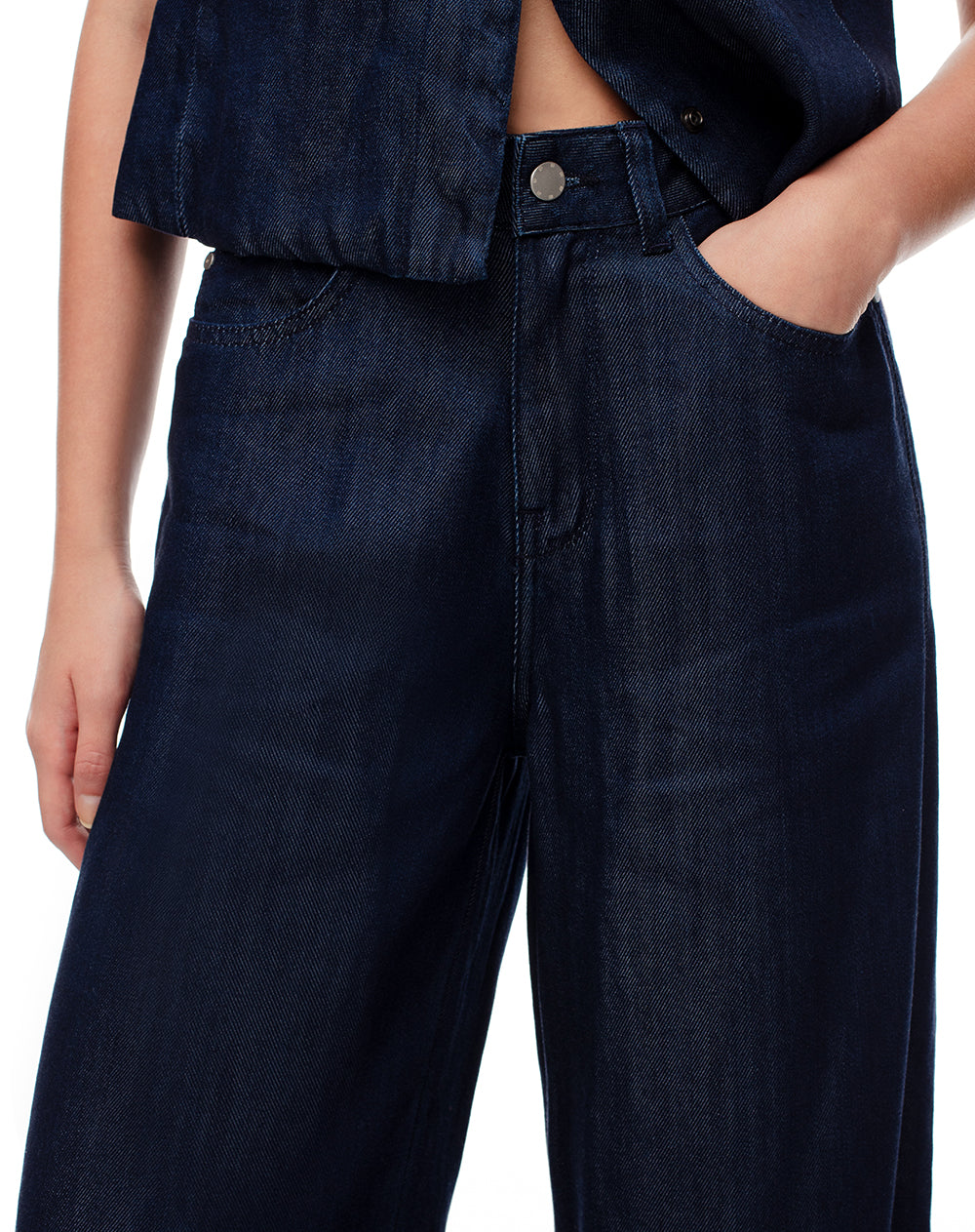 Jean palazzo tiro alto 5 bolsillos indigo oscuro para mujer