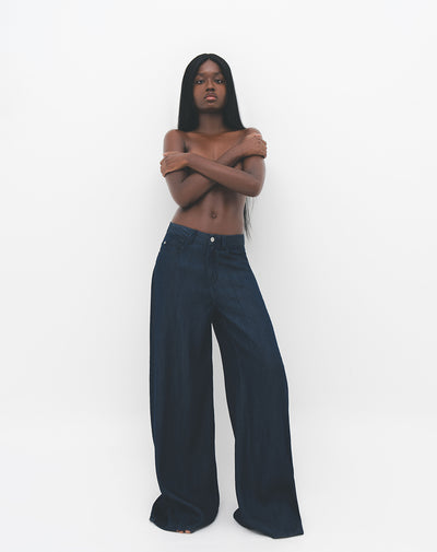 Jean palazzo tiro alto 5 bolsillos indigo oscuro para mujer