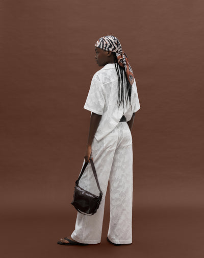 Pantalón wide leg tiro medio algodón con cordón de ajuste habano para mujer