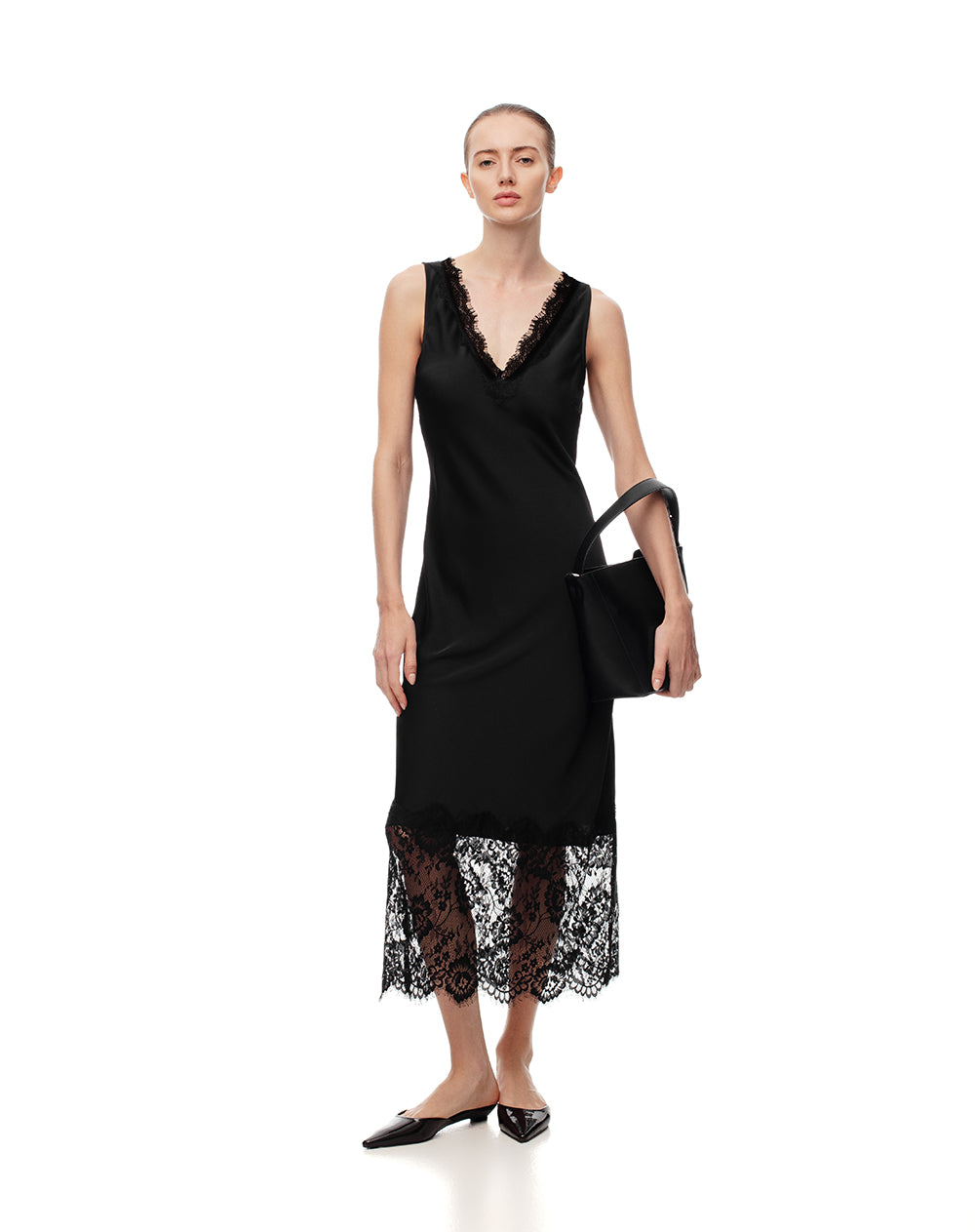 Vestido largo satín y encaje negro mujer