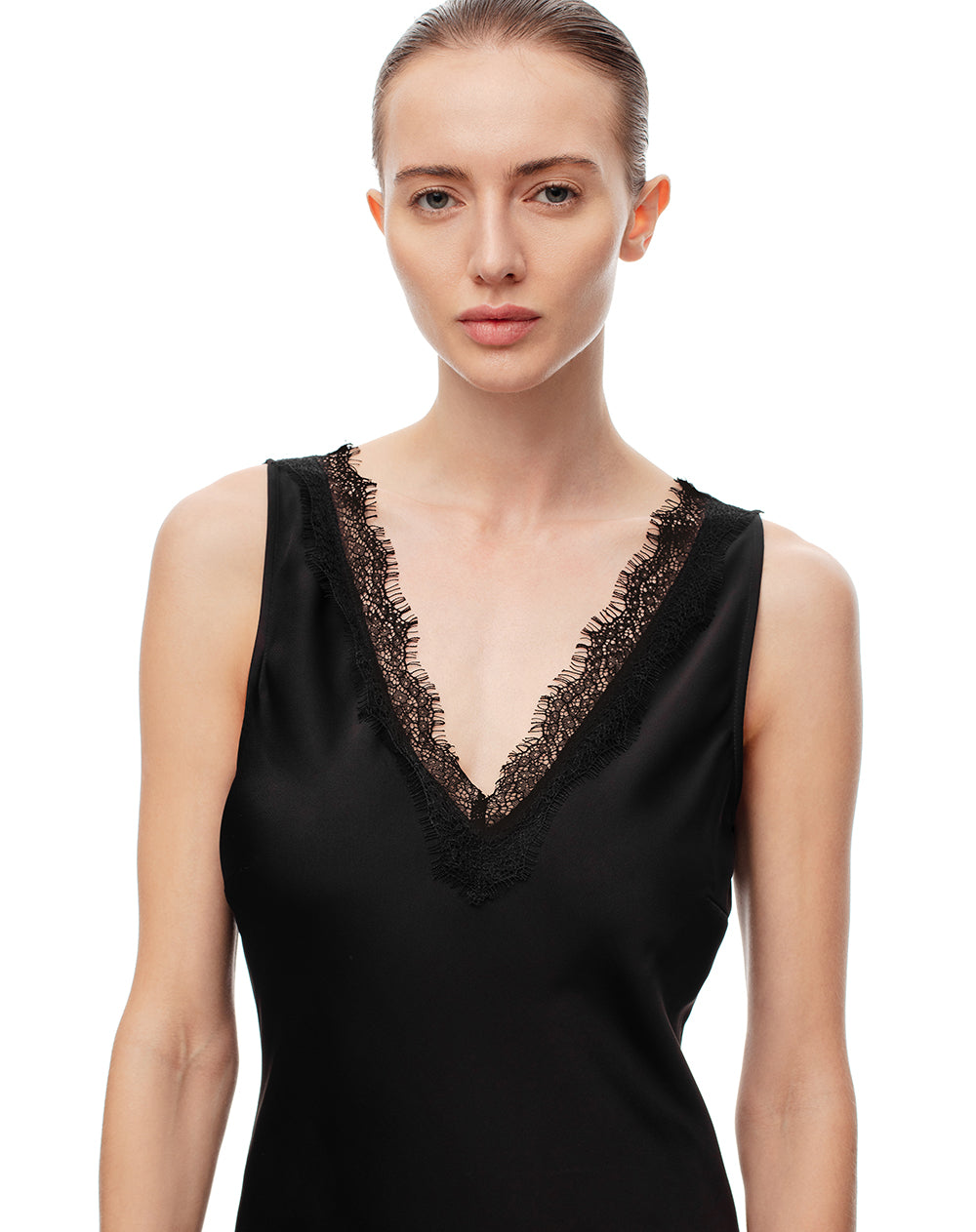 Vestido largo satín y encaje negro mujer