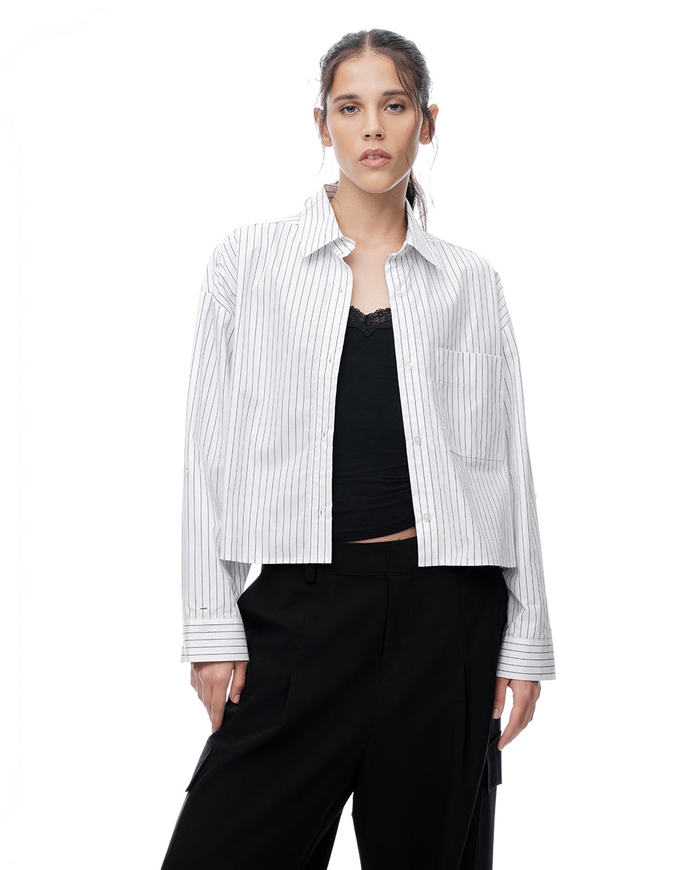 Camisa manga larga oversize blanca rayas mujer