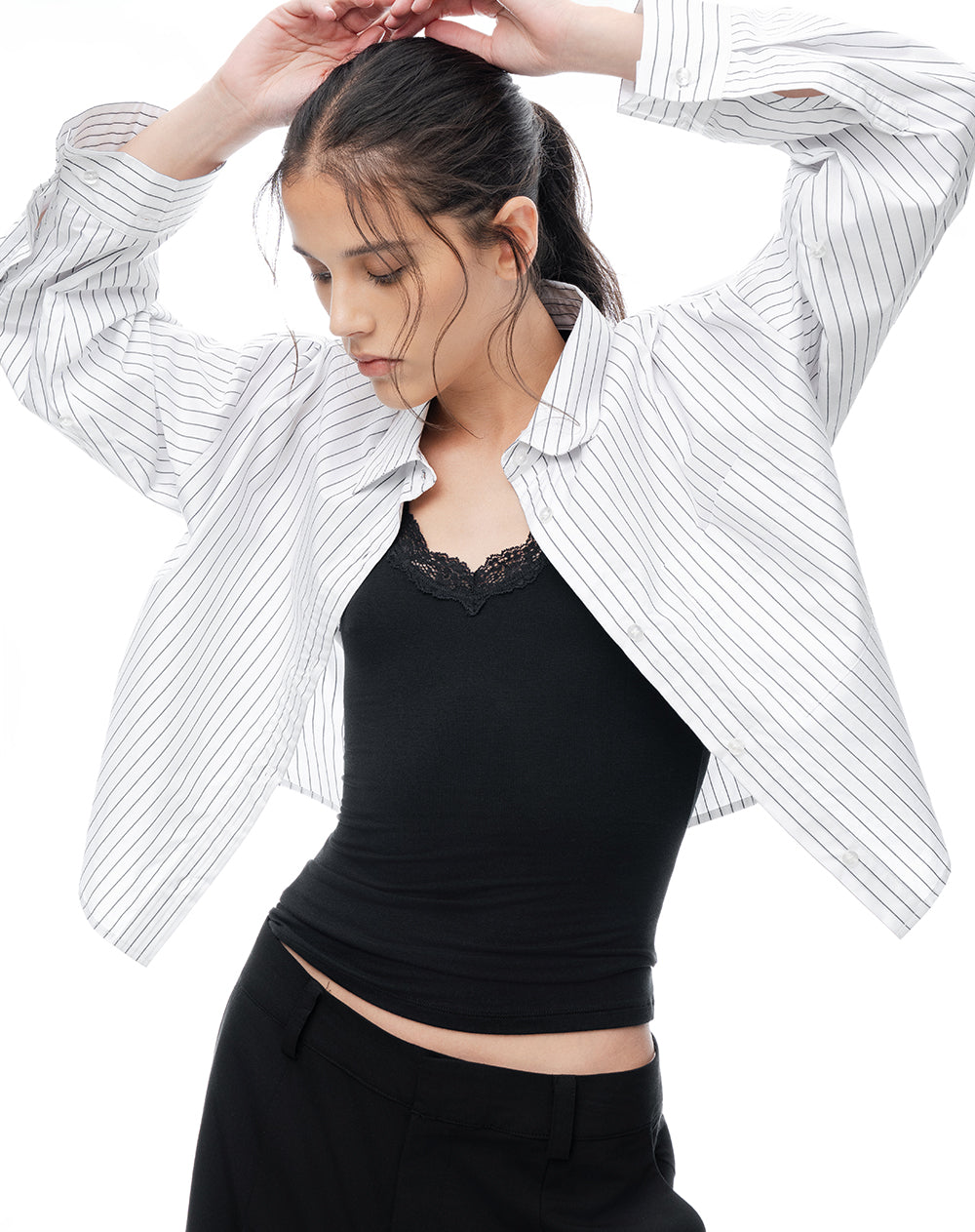 Camisa manga larga oversize blanca rayas mujer