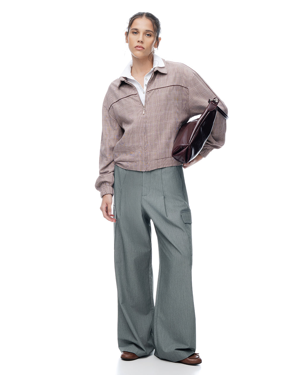 Chaqueta regular café cuadros mujer