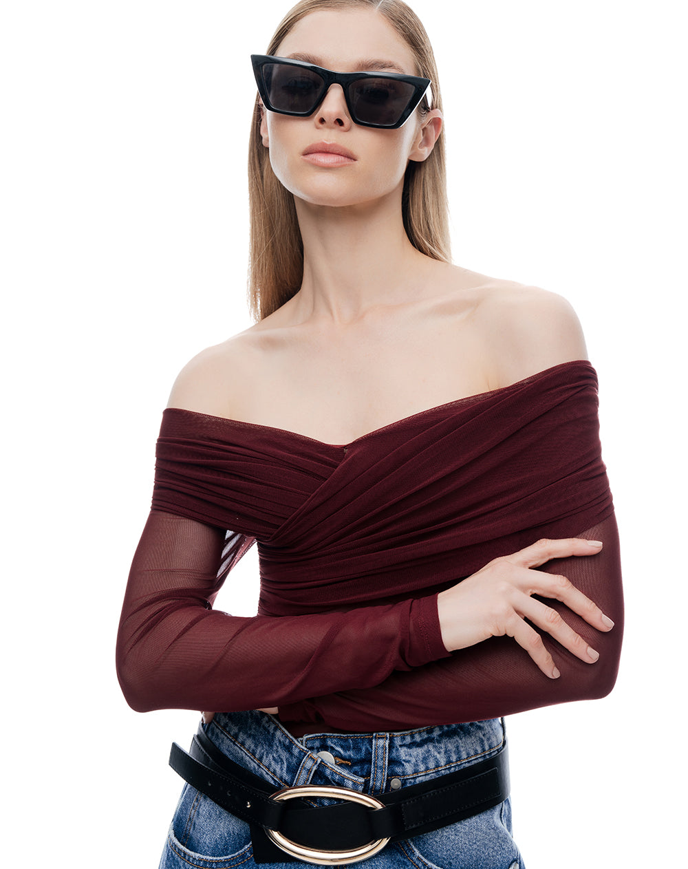 Camisa slim manga larga vino tinto mujer