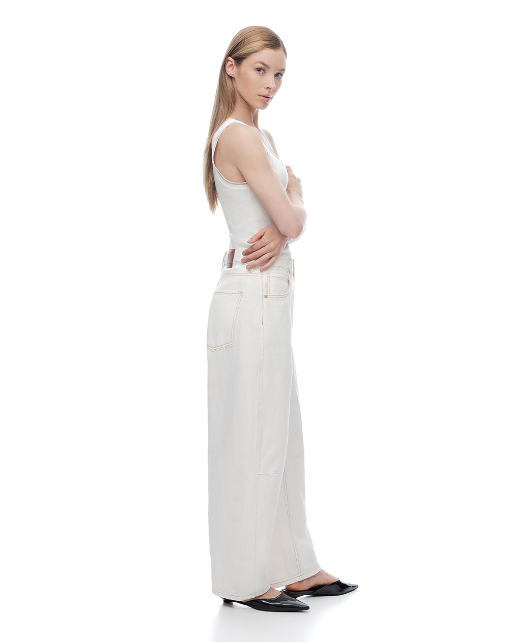 Jean baggy tiro medio crudo mujer