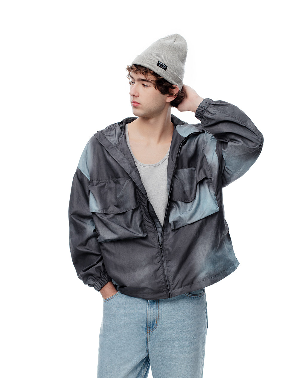 Chaqueta regular fit con capucha gris estampado