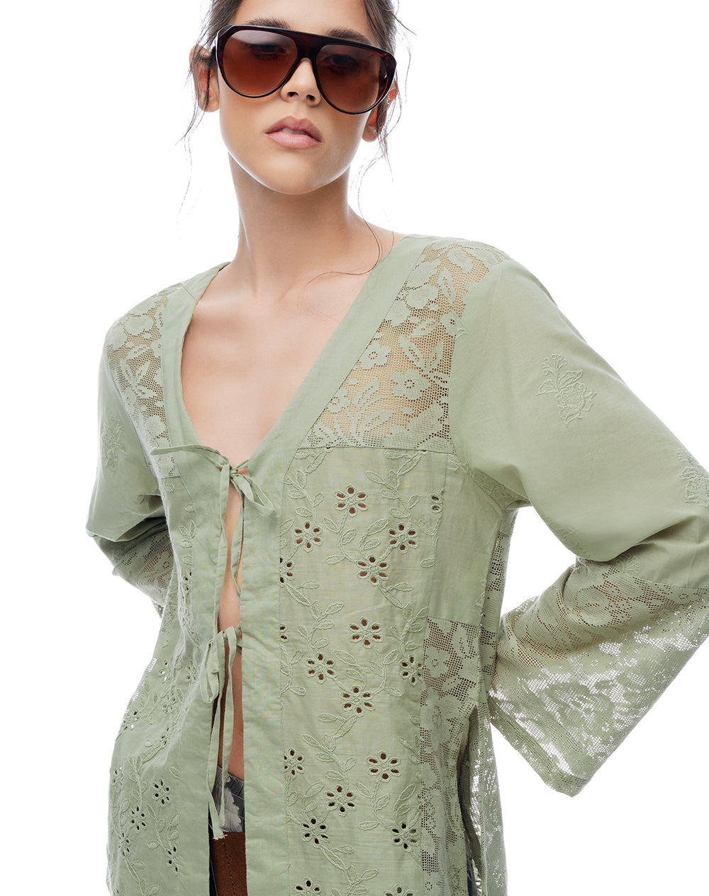 Camisa oversize manga larga verde mujer