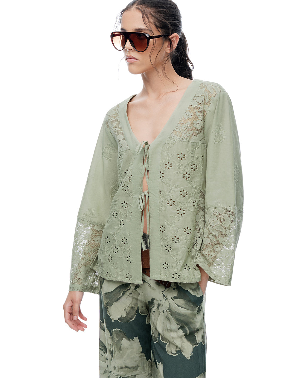 Camisa oversize manga larga verde mujer