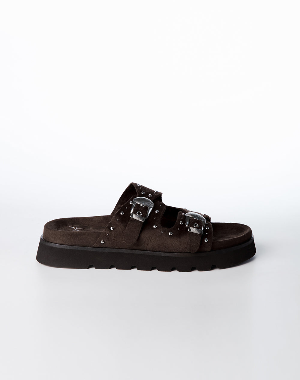 Sandalias tipo gamuza hebillas café mujer