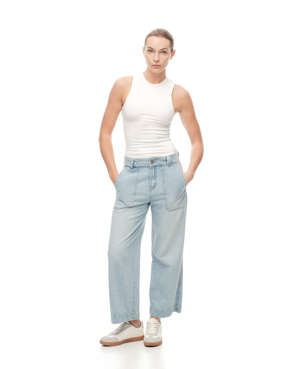 Jean culotte fit tiro medio indigo claro