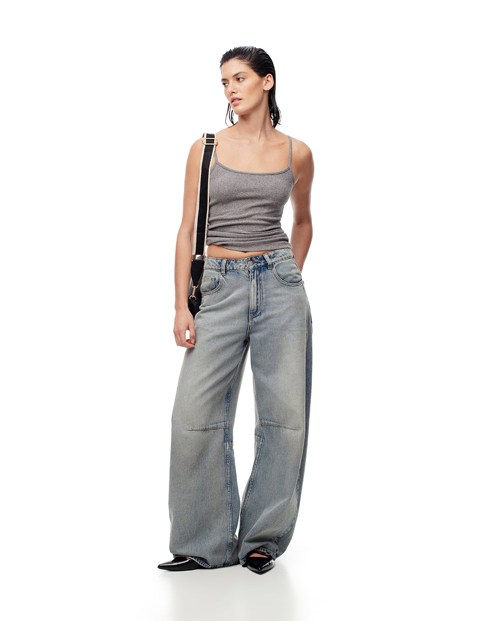 Camiseta slim fit tiras gris jaspeada