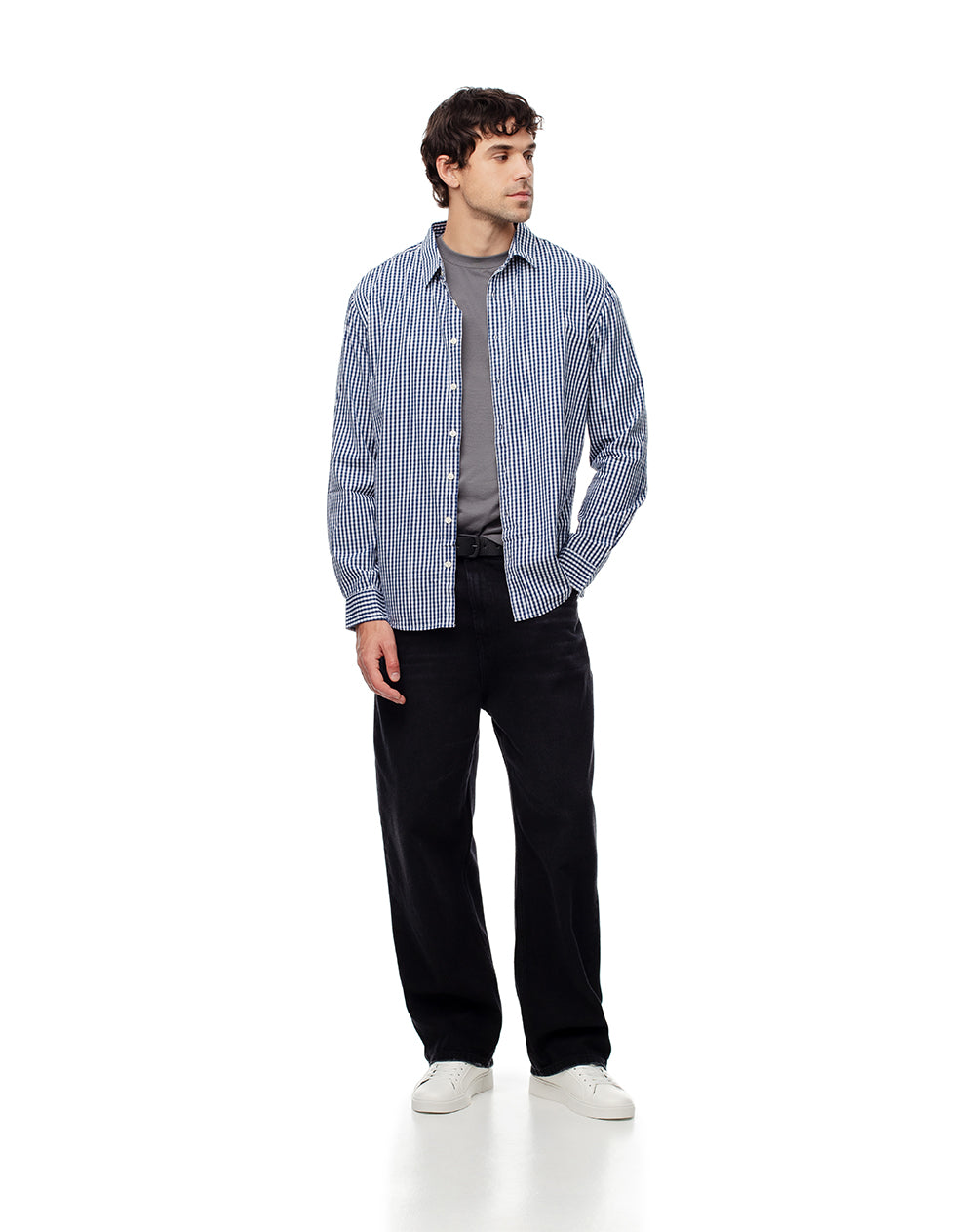 Camisa regular fit manga larga azul con cuadros